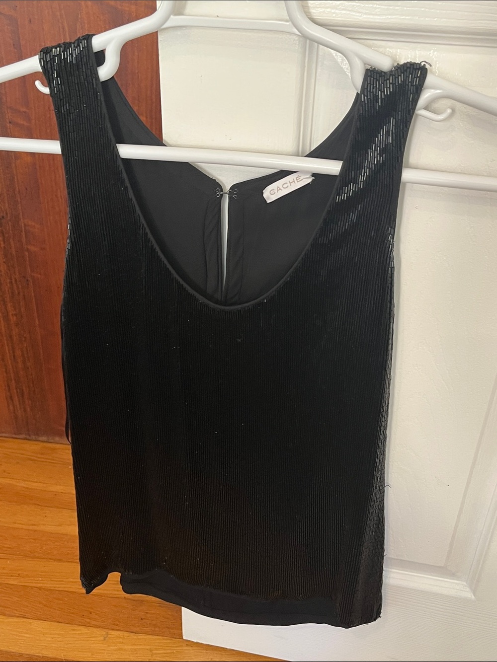 Cache Black Sequined Ribbed Tank Top